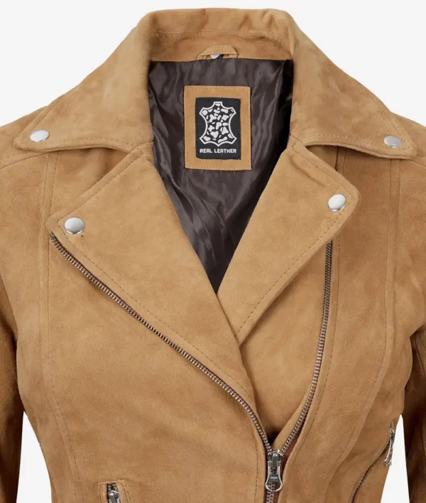 Women's Premium Brown Suede Biker Leather Jacket - Image 4