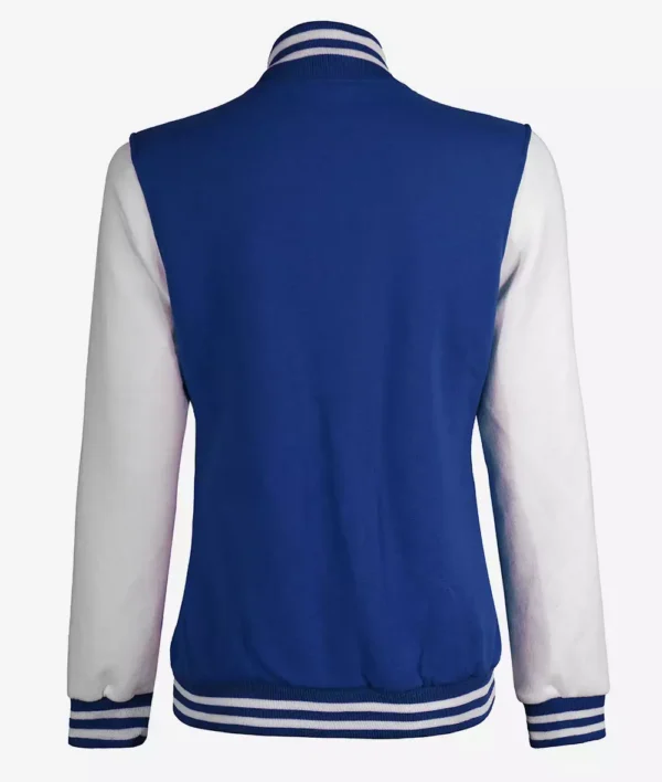 Women's White and Royal Blue Baseball-Style Letterman Bomber Jacket - Image 5