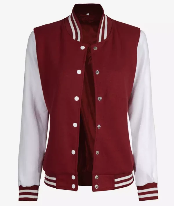Womens Maroon Varsity Jacket with White Sleeves - Baseball Bomber Jacket - Image 3