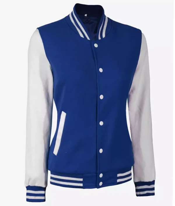Women's White and Royal Blue Baseball-Style Letterman Bomber Jacket - Image 3