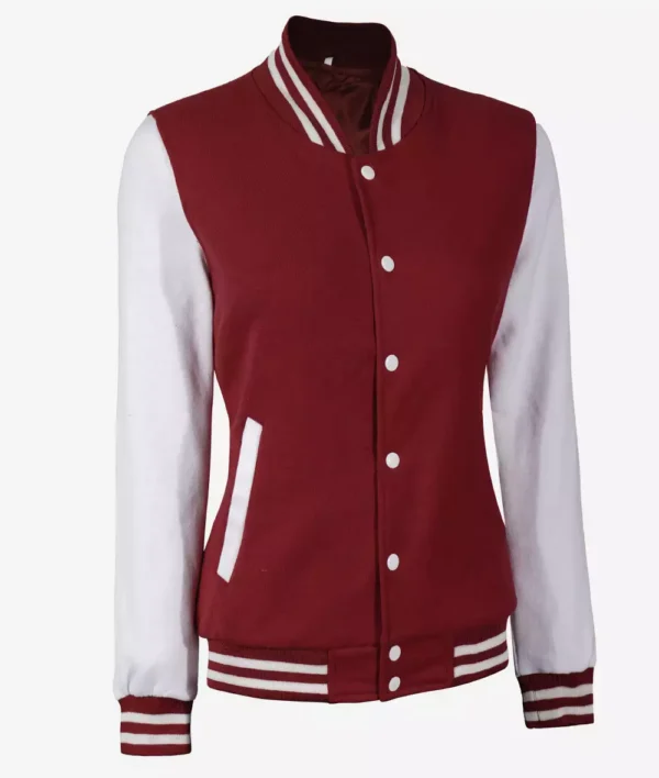 Womens Maroon Varsity Jacket with White Sleeves - Baseball Bomber Jacket - Image 2