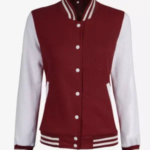 Womens Maroon Varsity Jacket with White Sleeves - Baseball Bomber Jacket