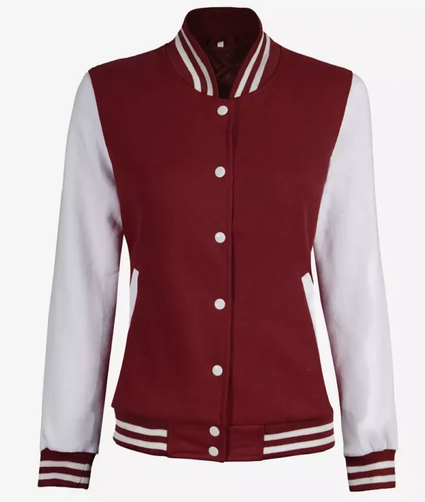 Womens Maroon Varsity Jacket with White Sleeves - Baseball Bomber Jacket