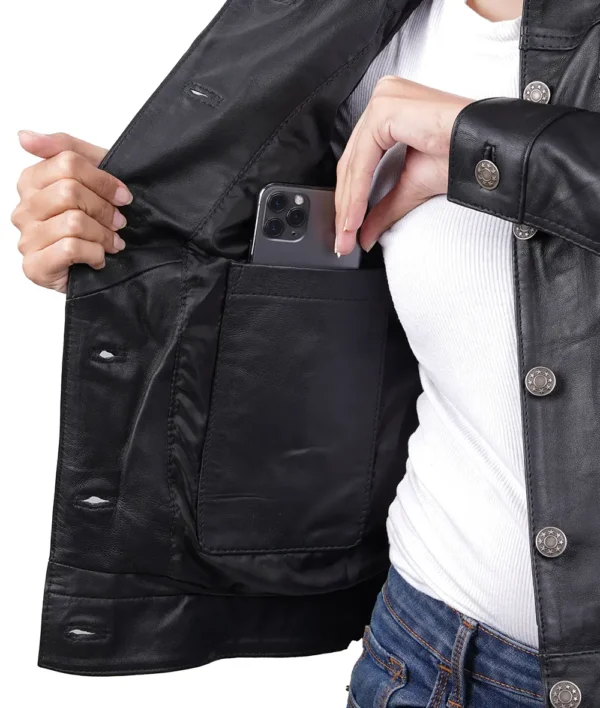 Women's Black Lambskin Leather Four-Pocket Trucker Jacket - Image 2