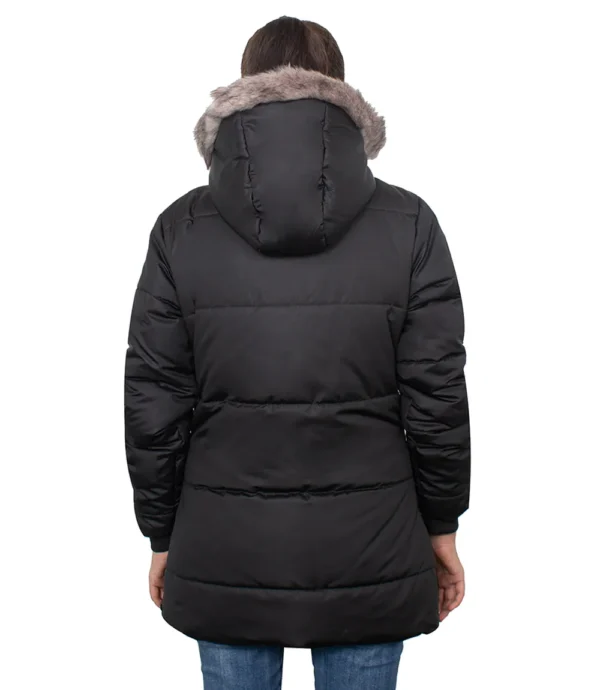 Ella Black Women's Long Parka Puffer Jacket with Faux Fur Trim Hood - Image 6