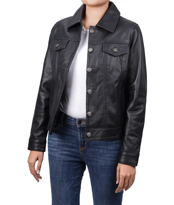 Women's Black Lambskin Leather Four-Pocket Trucker Jacket - Image 3