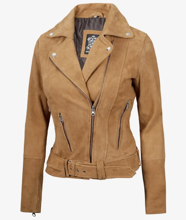 Women's Premium Brown Suede Biker Leather Jacket - Image 2