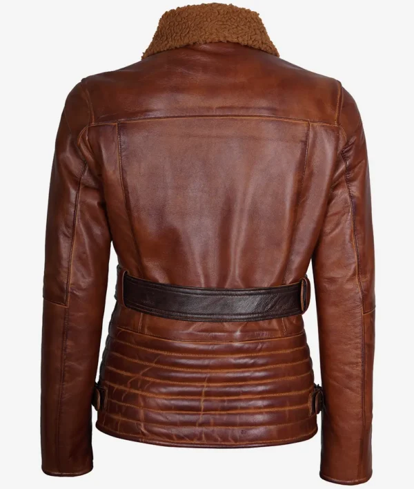 Womens Brown Moto Sherpa Leather Jacket - Image 4