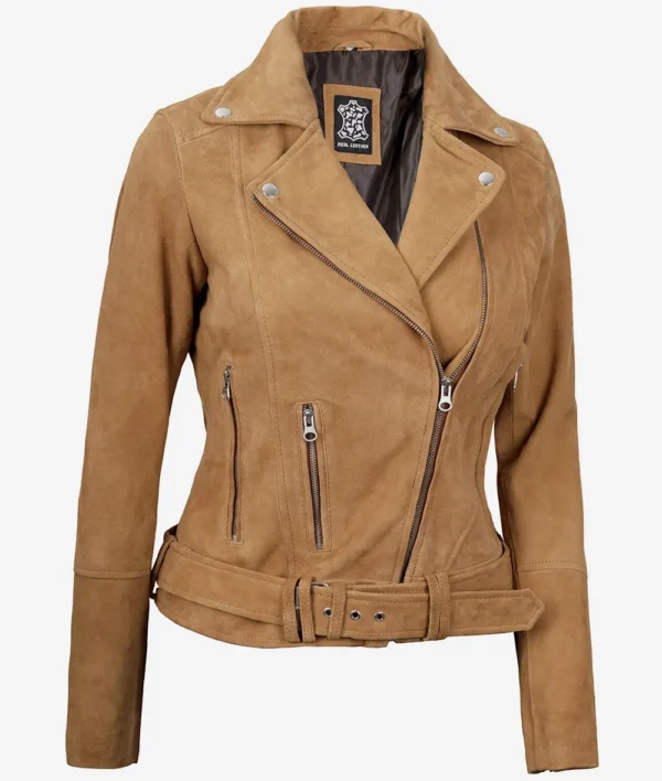 Women's Premium Brown Suede Biker Leather Jacket - Image 3