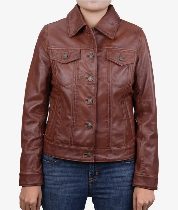 Womens Cognac Brown Trucker Leather Jacket