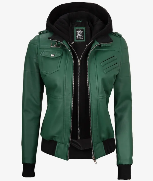 Womens Green Hooded Bomber Leather Jacket - Image 5