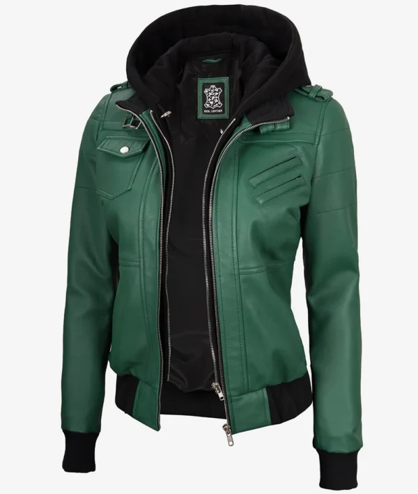 Womens Green Hooded Bomber Leather Jacket - Image 6