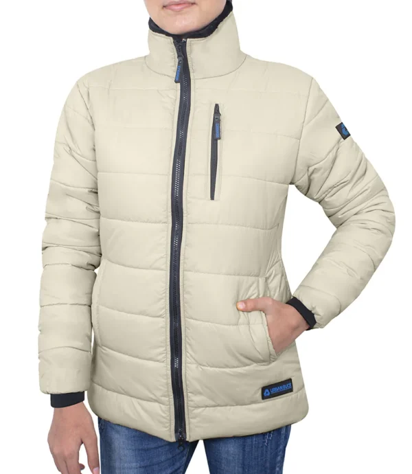Womens Cream Puffer Jacket with Fur Collar - Image 6