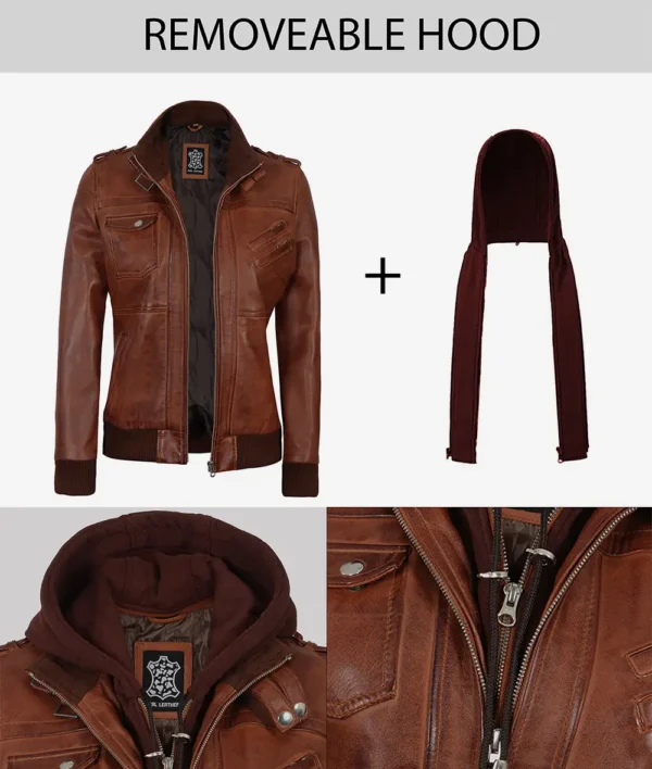Womens Cognac Leather Bomber Jacket With Removable Hood - Image 4